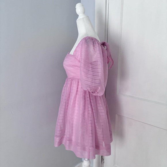 BHLDN x Free People Alaine Dress Mini Puff Sleeve Bow Back Square Neck Pink - Picture 4 of 7